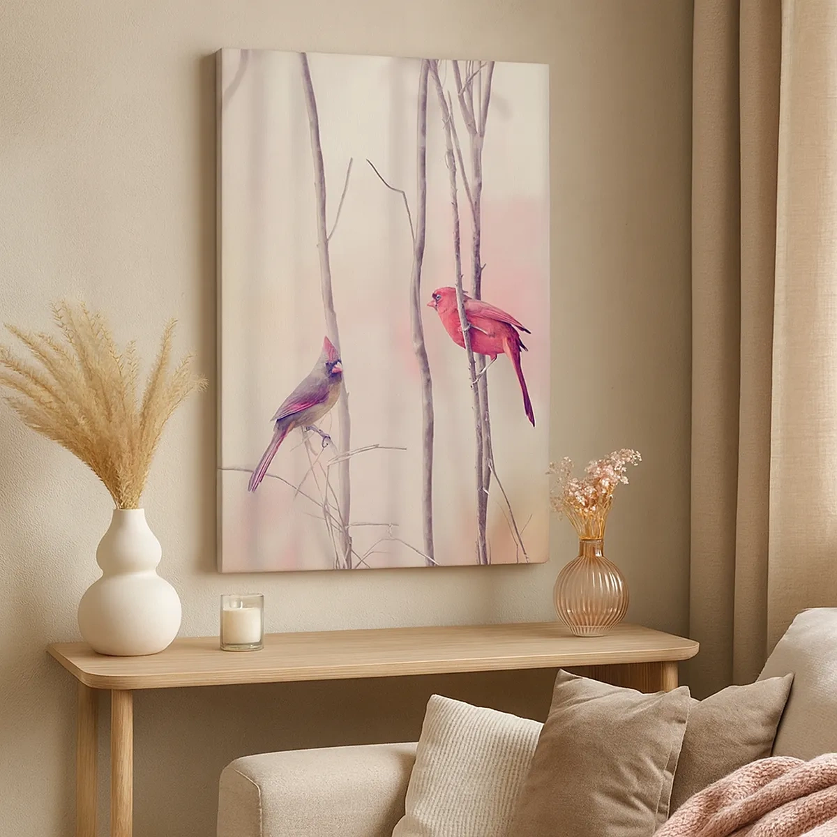 Bild auf Leinwand - Leinwandbild - Ein Kardinalspaar sitzt auf Ästen in einer pastellfarbenen Landschaft - 50x70cm - Geschichte vom rosa Wald - Moderne Wanddekoration für Wohnzimmer und Schlafzimmer ARTTOR