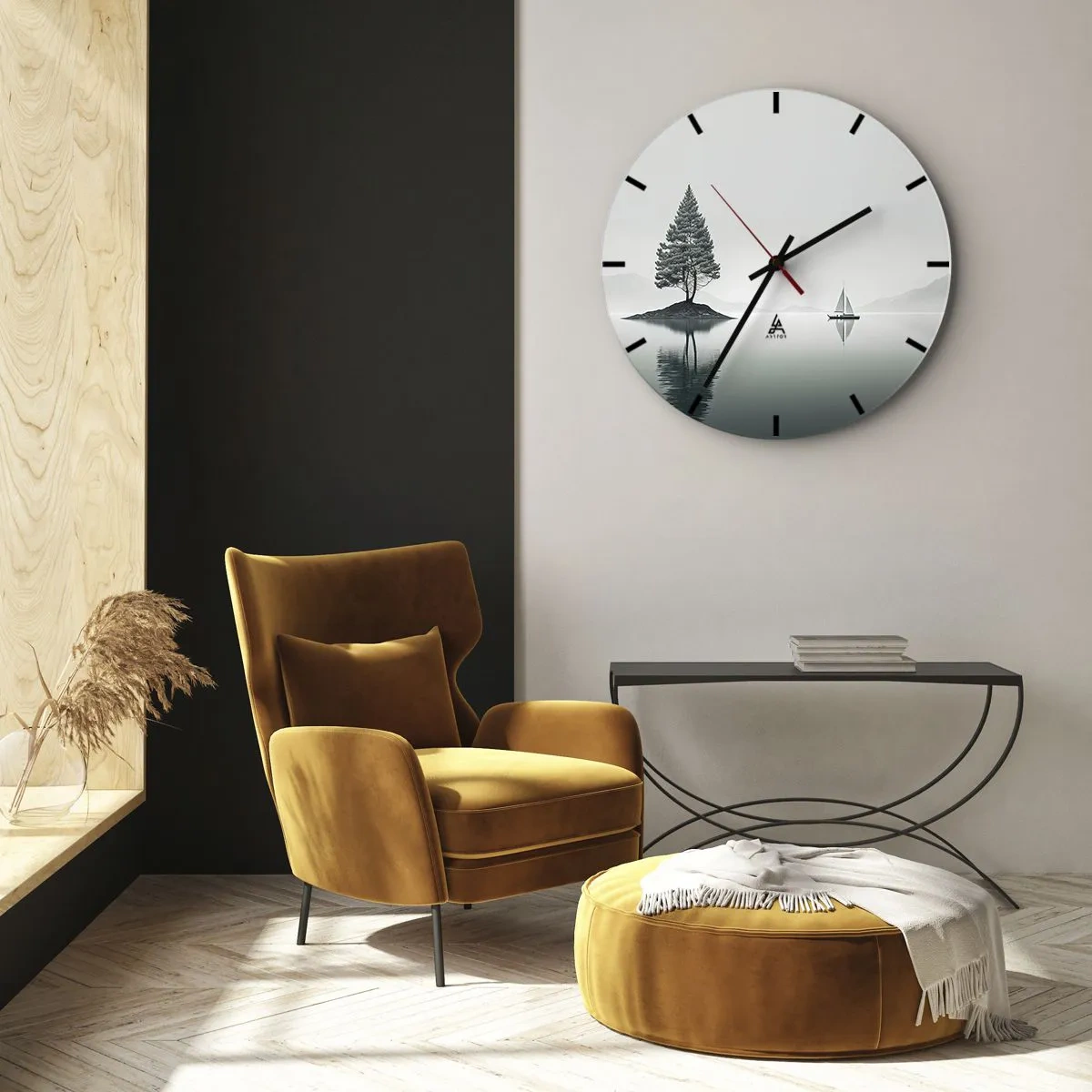 Wanduhr - Glasuhr - Eine minimalistische Landschaft mit einer Insel, einem Baum und einem Segelboot auf dem Wasser. - 30x30cm - Traum - Moderne Wanddekoration für Wohnzimmer, Küche und Schlafzimmer ARTTOR