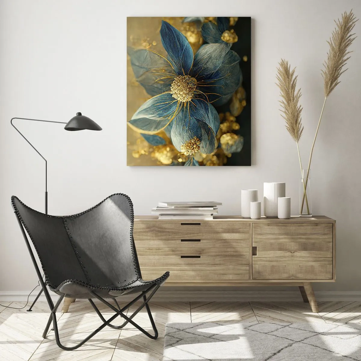 Glasbild - Bild auf glas - Elegante Blumen in Blau- und Goldtönen - 70x100cm - Mit Gold blühen - Moderne Wanddekoration für Wohnzimmer und Schlafzimmer ARTTOR