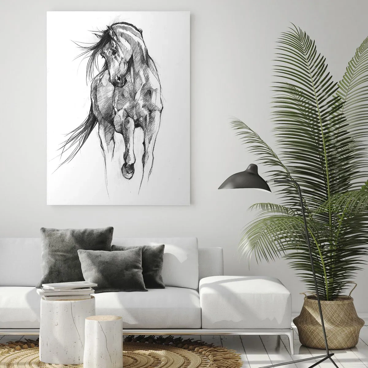 Glasbild - Bild auf glas - Eine Skizze eines galoppierenden Pferdes im minimalistischen Stil - 50x70cm - Im anmutigen Trab - Moderne Wanddekoration für Wohnzimmer und Schlafzimmer ARTTOR
