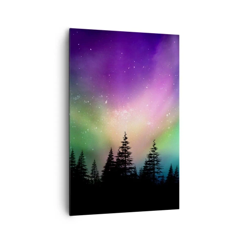 Bild auf Leinwand - Leinwandbild - Aurora Borealis über einem Wald mit Sternenhimmel - 80x120cm - weiße Magie - Moderne Wanddekoration für Wohnzimmer und Schlafzimmer ARTTOR