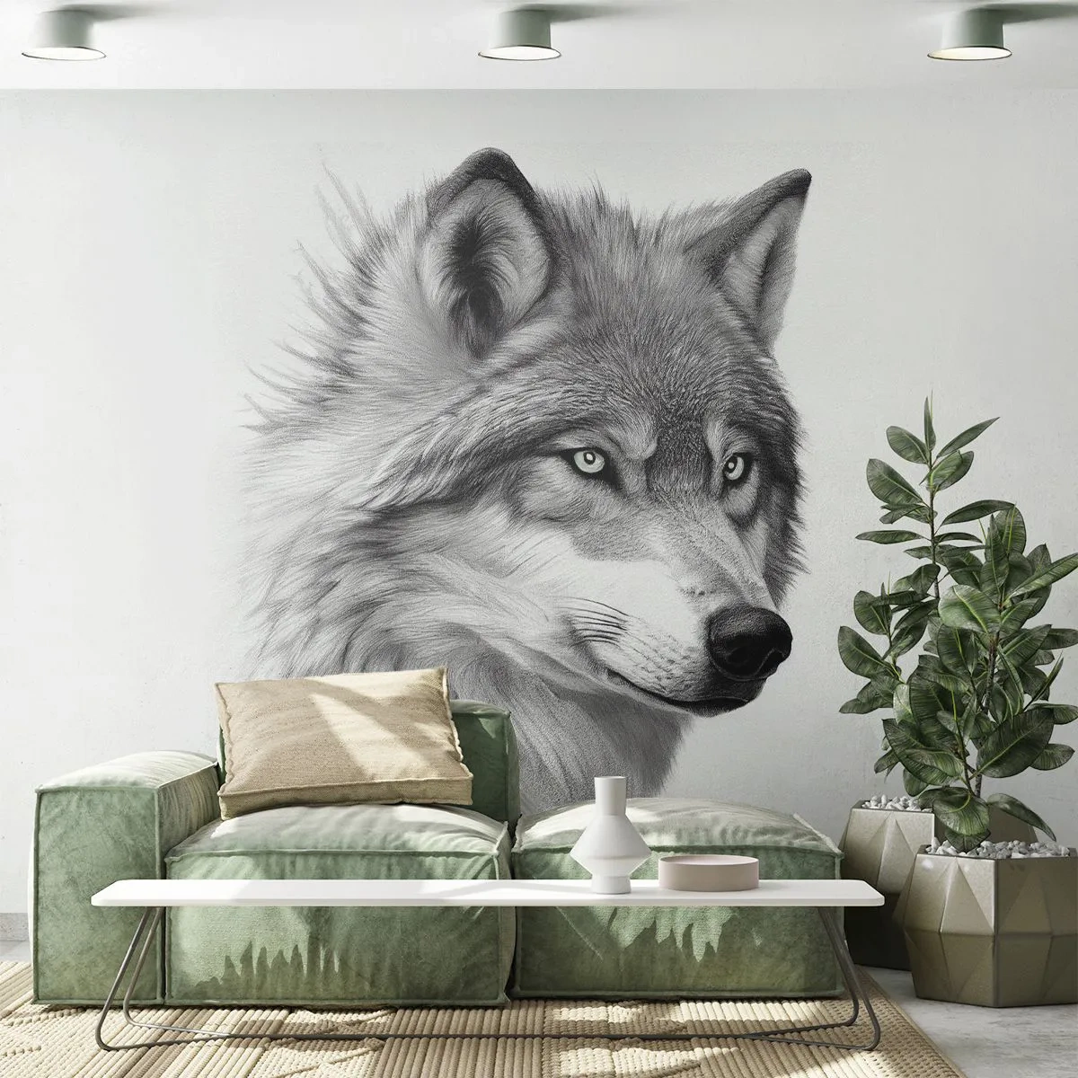 Fototapete Premium Sand - Schwarz-Weiß-Porträt eines Wolfes mit intensivem Blick - 100x70cm - Alpha – ohne Zweifel - Moderne Wanddekoration für Wohnzimmer und Schlafzimmer ARTTOR