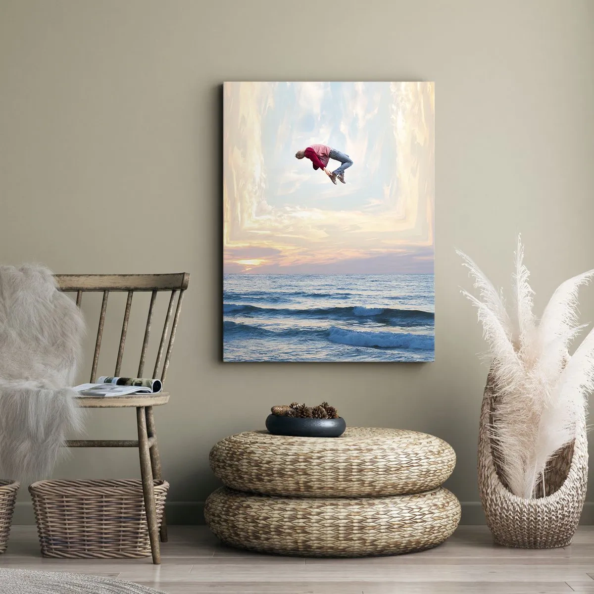 Bild auf Leinwand - Leinwandbild - Surrealer Sprung über das Meer im Rahmen - 70x100cm - In eine andere Dimension - Moderne Wanddekoration für Wohnzimmer und Schlafzimmer ARTTOR
