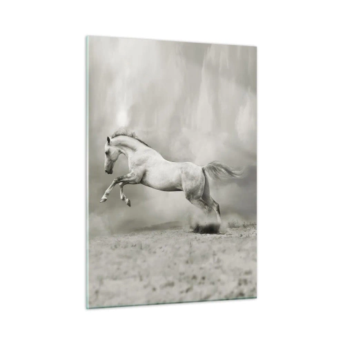 Glasbild - Bild auf glas - Ein weißes Pferd springt gegen die Wolken - 50x70cm - Zwischen Aufwachen und Schlafen - Moderne Wanddekoration für Wohnzimmer und Schlafzimmer ARTTOR