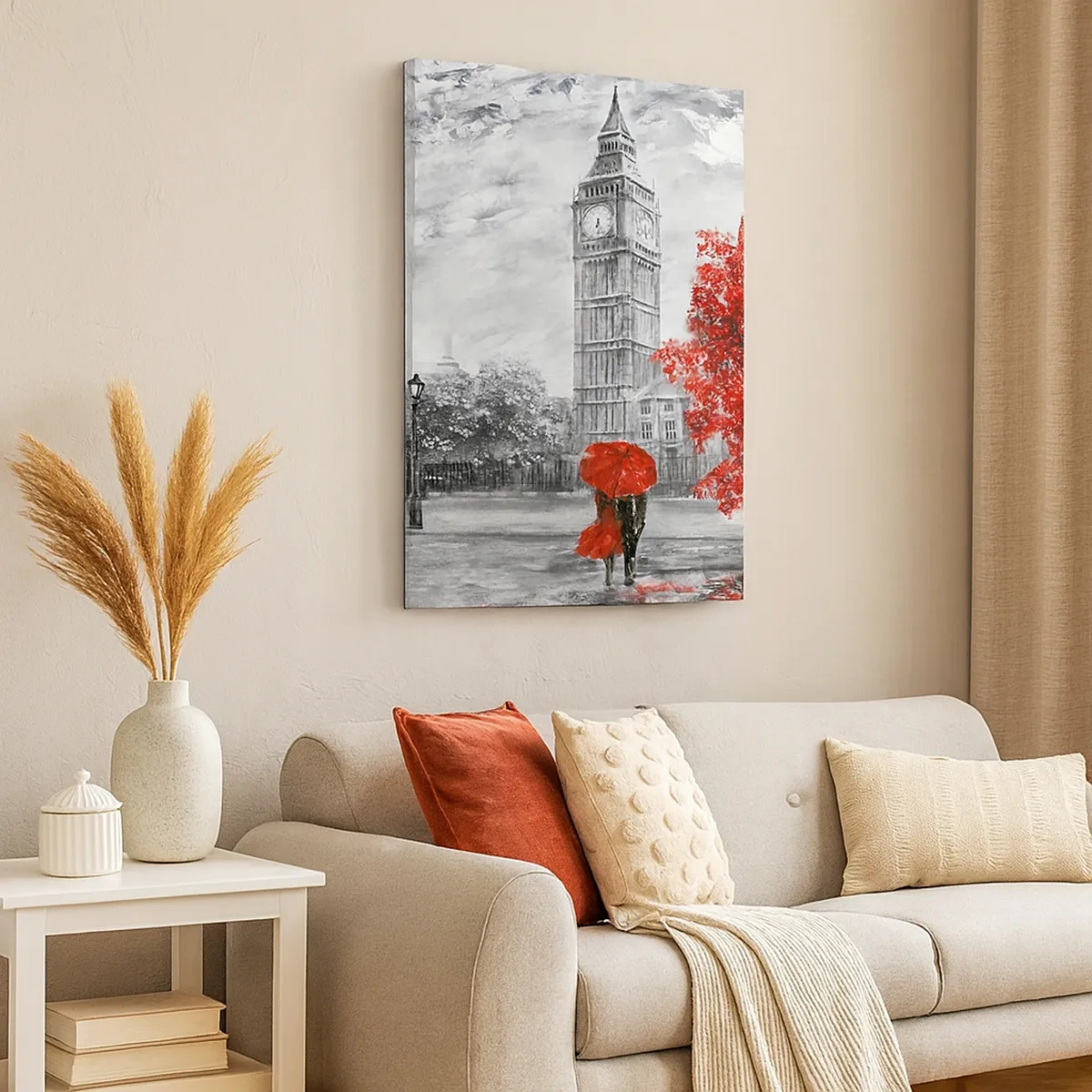 Bild auf Leinwand - Leinwandbild - Ikonische Ansicht von London mit Big Ben, einem roten Bus und einem Regenschirm - 50x70cm - Ein aufregender Tag - Moderne Wanddekoration für Wohnzimmer und Schlafzimmer ARTTOR