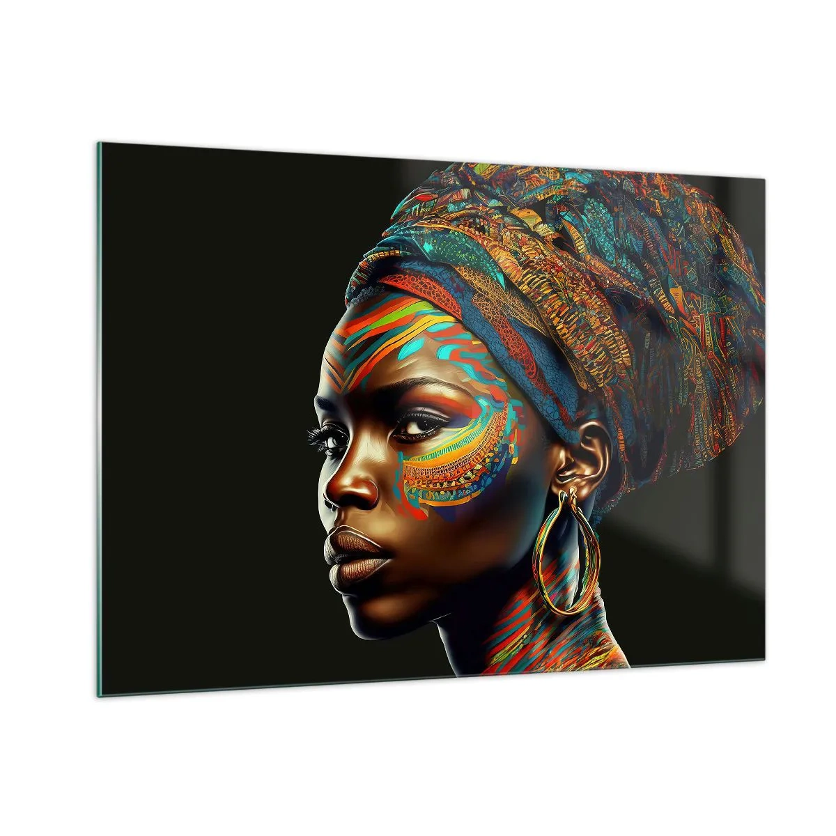 Glasbild - Bild auf glas - Porträt einer Frau mit farbenfroher Malerei und Turban - 100x70cm - Afrikanische Königin - Moderne Wanddekoration für Wohnzimmer und Schlafzimmer ARTTOR