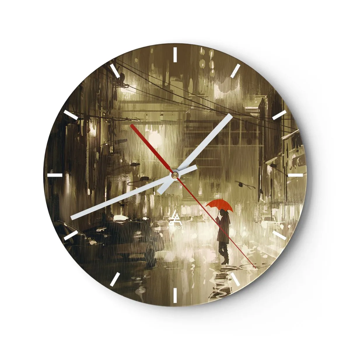 Wanduhr - Glasuhr - Eine Figur mit einem roten Regenschirm auf einer nassen Straße - 30x30cm - Allein aber nicht einsam - Moderne Wanddekoration für Wohnzimmer, Küche und Schlafzimmer ARTTOR
