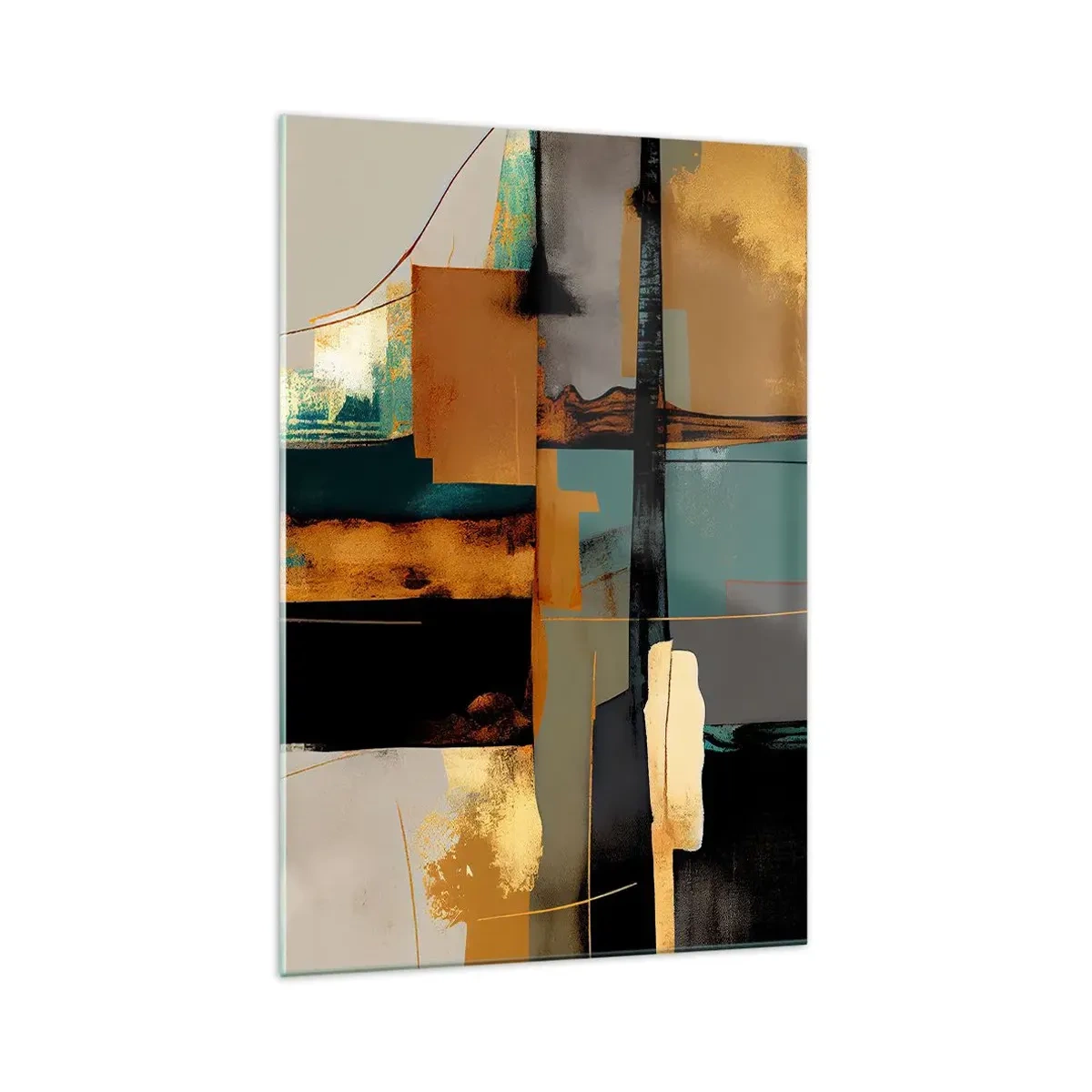 Glasbild - Bild auf glas - Abstrakte Komposition mit goldenen und türkisfarbenen Elementen - 70x100cm - Abstraktion – Licht und Schatten - Moderne Wanddekoration für Wohnzimmer und Schlafzimmer ARTTOR