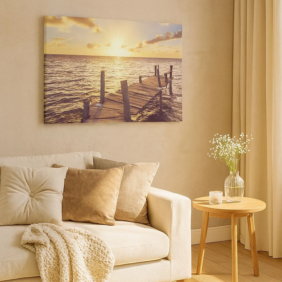 Bild auf Leinwand - Leinwandbild - Ein Holzsteg führt in Richtung Sonnenuntergang - 70x50cm - Das goldene Land der Sanftmut - Moderne Wanddekoration für Wohnzimmer und Schlafzimmer ARTTOR