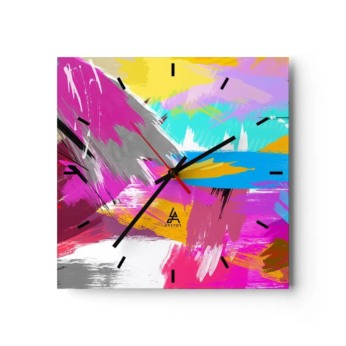Wanduhr - Glasuhr - Dynamische Abstraktion in intensiven Farben - 30x30cm - Und nochmal und nochmal und nochmal wieder - Moderne Wanddekoration für Wohnzimmer und Schlafzimmer ARTTOR