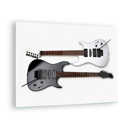 Glasbild - Bild auf glas - Schwarze und weiße E-Gitarren auf weißem Hintergrund - 70x50cm - Harmonie der Formen - Moderne Wanddekoration für Wohnzimmer und Schlafzimmer ARTTOR