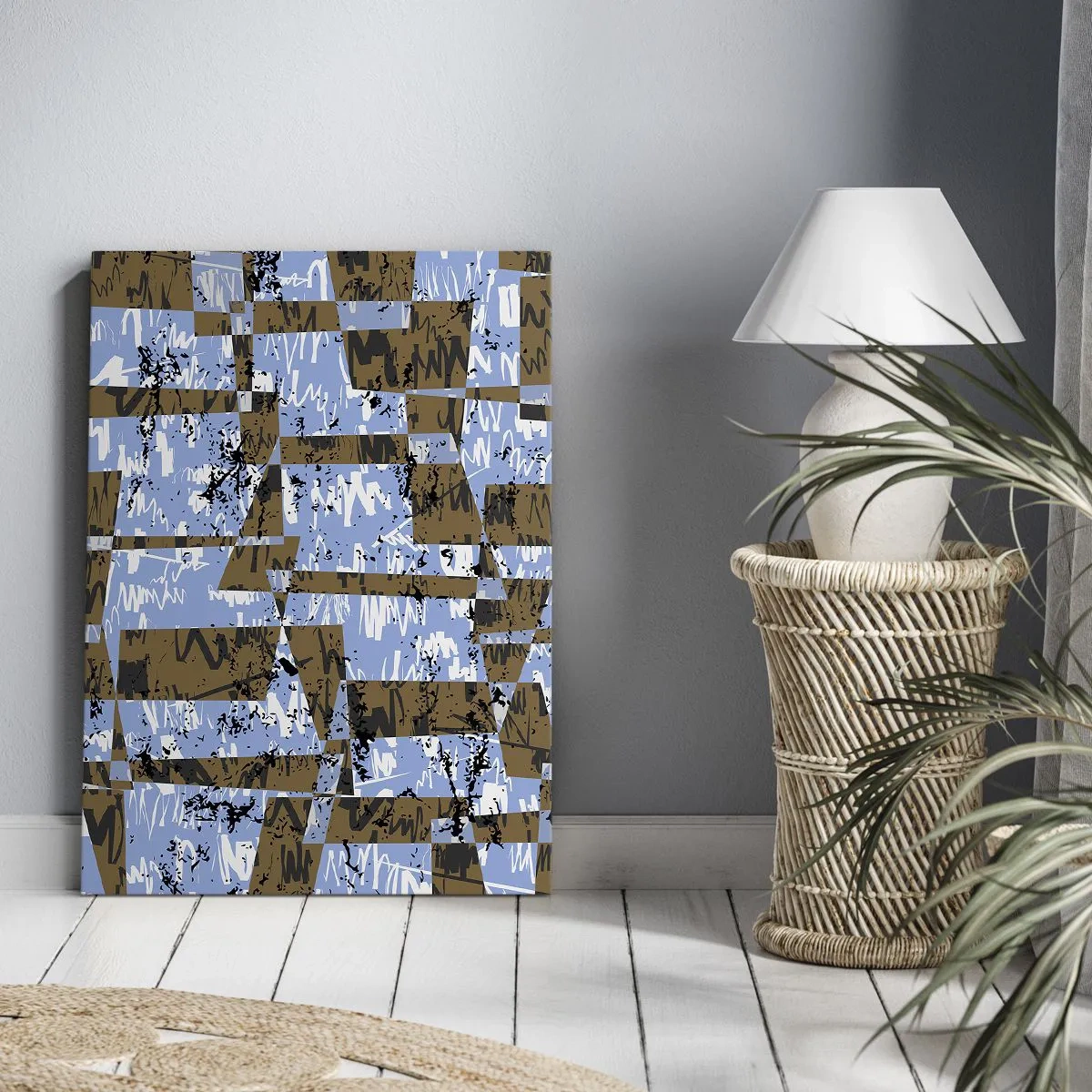 Bild auf Leinwand - Leinwandbild - Eine abstrakte Komposition aus Rechtecken in Braun- und Blautönen. - 50x70cm - Ein nicht-menschlicher Ausschnitt - Moderne Wanddekoration für Wohnzimmer und Schlafzimmer ARTTOR