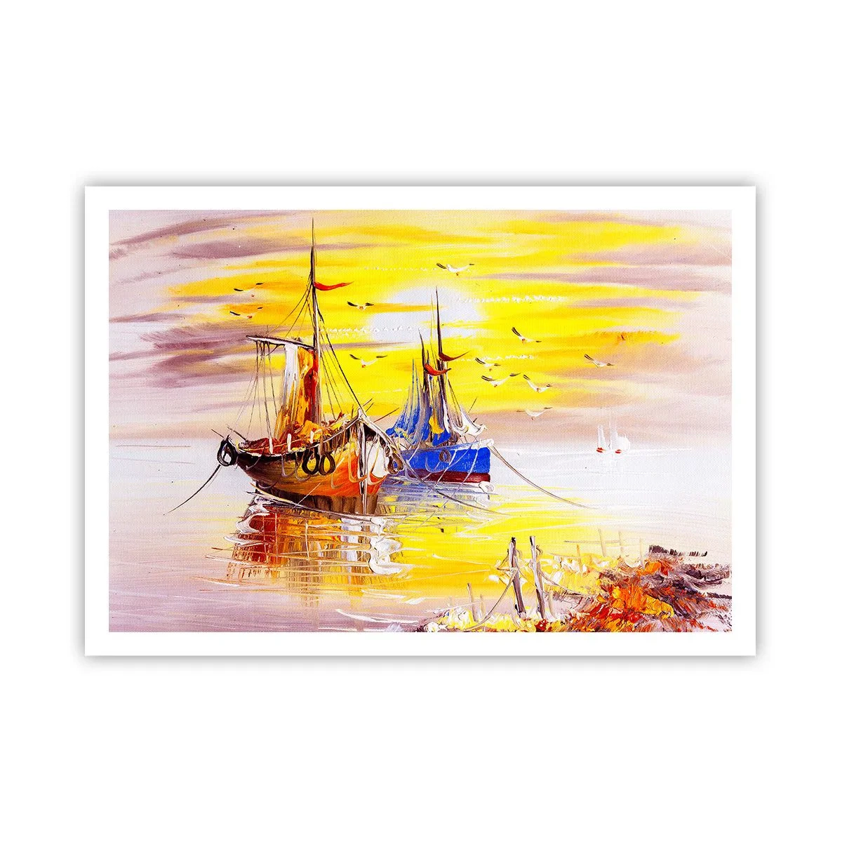 Poster - Eine malerische Szene von Booten auf ruhiger See - 100x70cm - Eine wohlverdiente Pause im Hafen - Moderne Wanddekoration für Wohnzimmer und Schlafzimmer ARTTOR