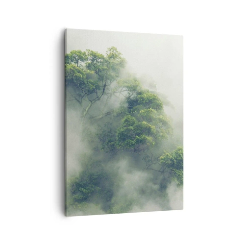 Bild auf Leinwand - Leinwandbild - Grüne Bäume im dichten Nebel vor einem natürlichen Hintergrund - 50x70cm - In Nebel gehüllt - Moderne Wanddekoration für Wohnzimmer und Schlafzimmer ARTTOR