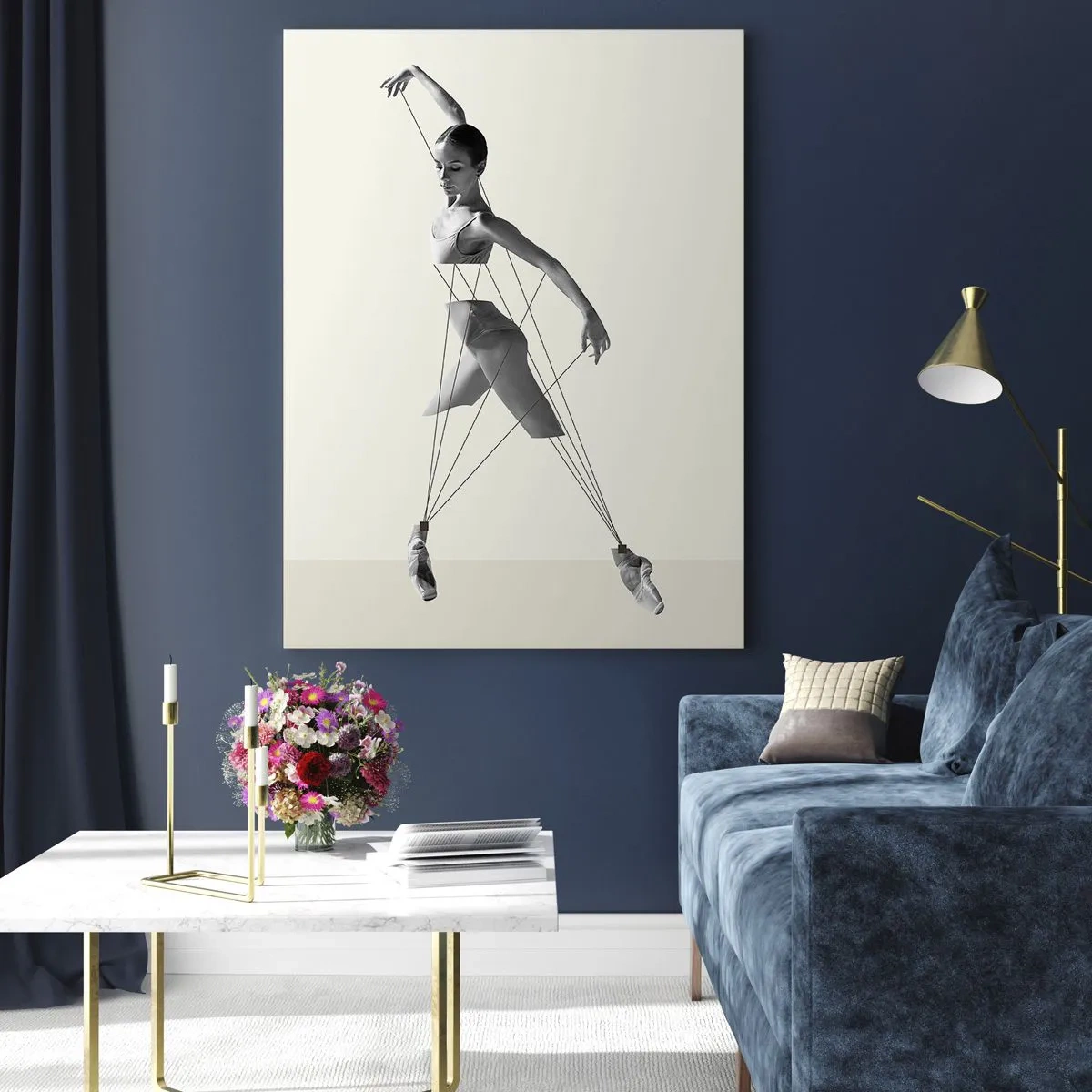 Glasbild - Bild auf glas - Schwarz-weiße Silhouette einer Ballerina mit geometrischem Linienmotiv - 50x70cm - Im Theater der Welt - Moderne Wanddekoration für Wohnzimmer und Schlafzimmer ARTTOR