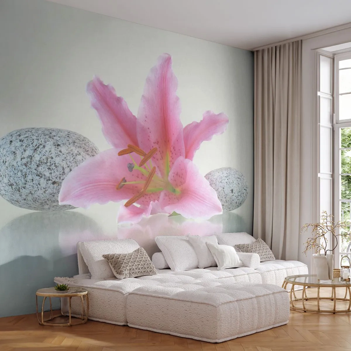 Fototapete Premium Canvas - Eine Studie in Pink, Grau und Weiß - Blumen, Lilie, Steine - 150x105 cm