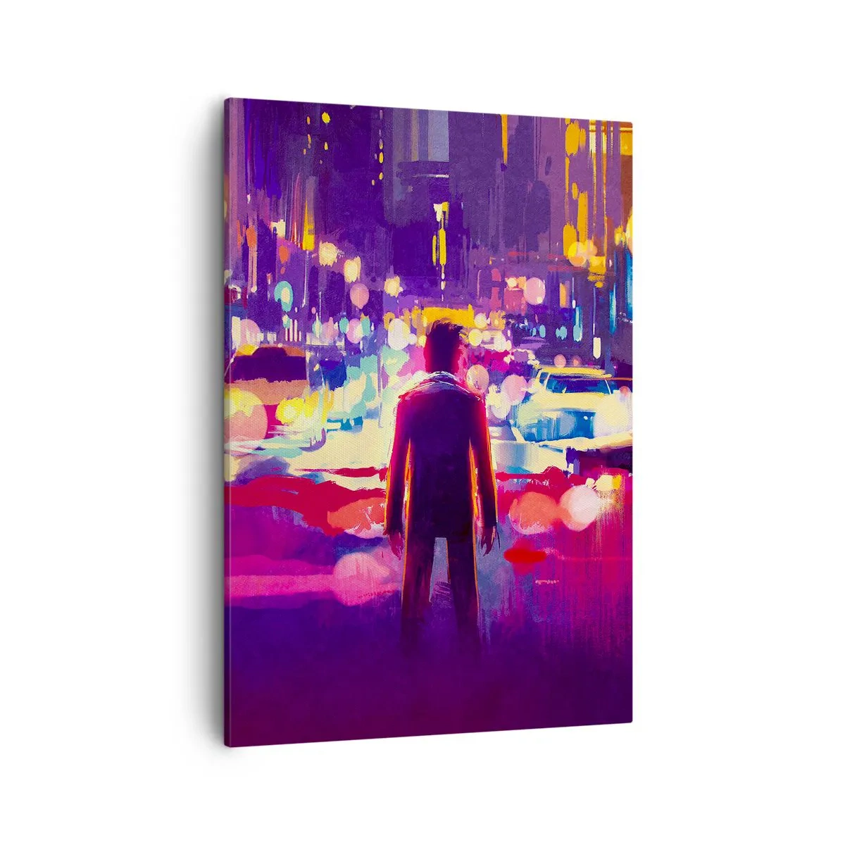 Bild auf Leinwand - Leinwandbild - Ein Mann in einer neonfarbenen Nachtszene einer Stadt - 50x70cm - Eingetaucht in das Licht - Moderne Wanddekoration für Wohnzimmer und Schlafzimmer ARTTOR