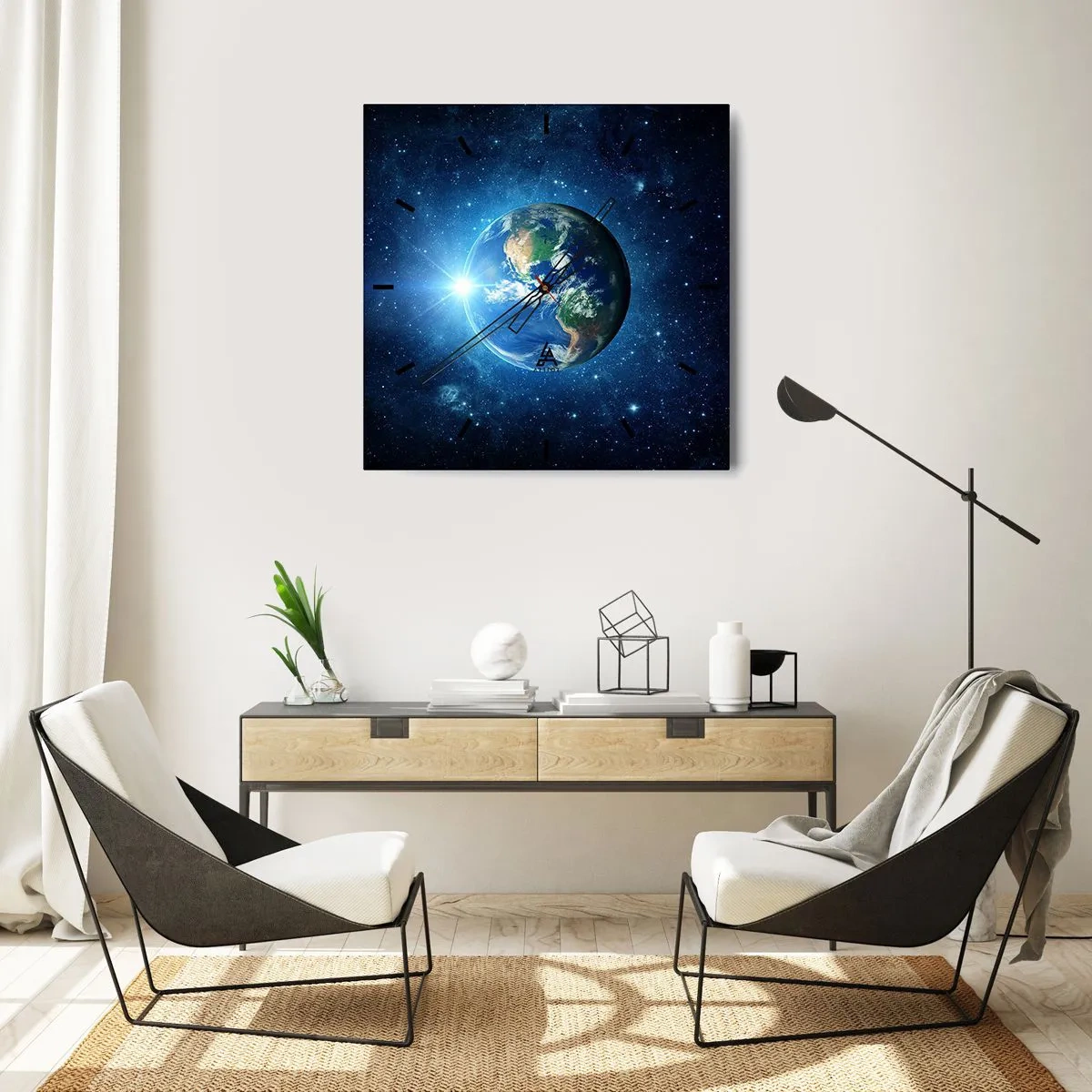 Wanduhr - Glasuhr - Erde im Weltraum, umgeben von Sternen und Licht - 30x30cm - Wir sind im Himmel - Moderne Wanddekoration für Wohnzimmer und Schlafzimmer ARTTOR