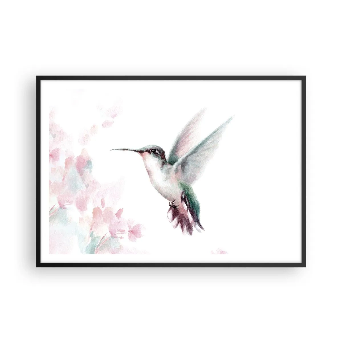 Poster in einem schwarzem Rahmen - Ein Kolibri in zarten Pastellfarben vor einem Hintergrund aus Blumen - 100x70cm - Im Flattern gehalten - Moderne Wanddekoration für Wohnzimmer und Schlafzimmer ARTTOR