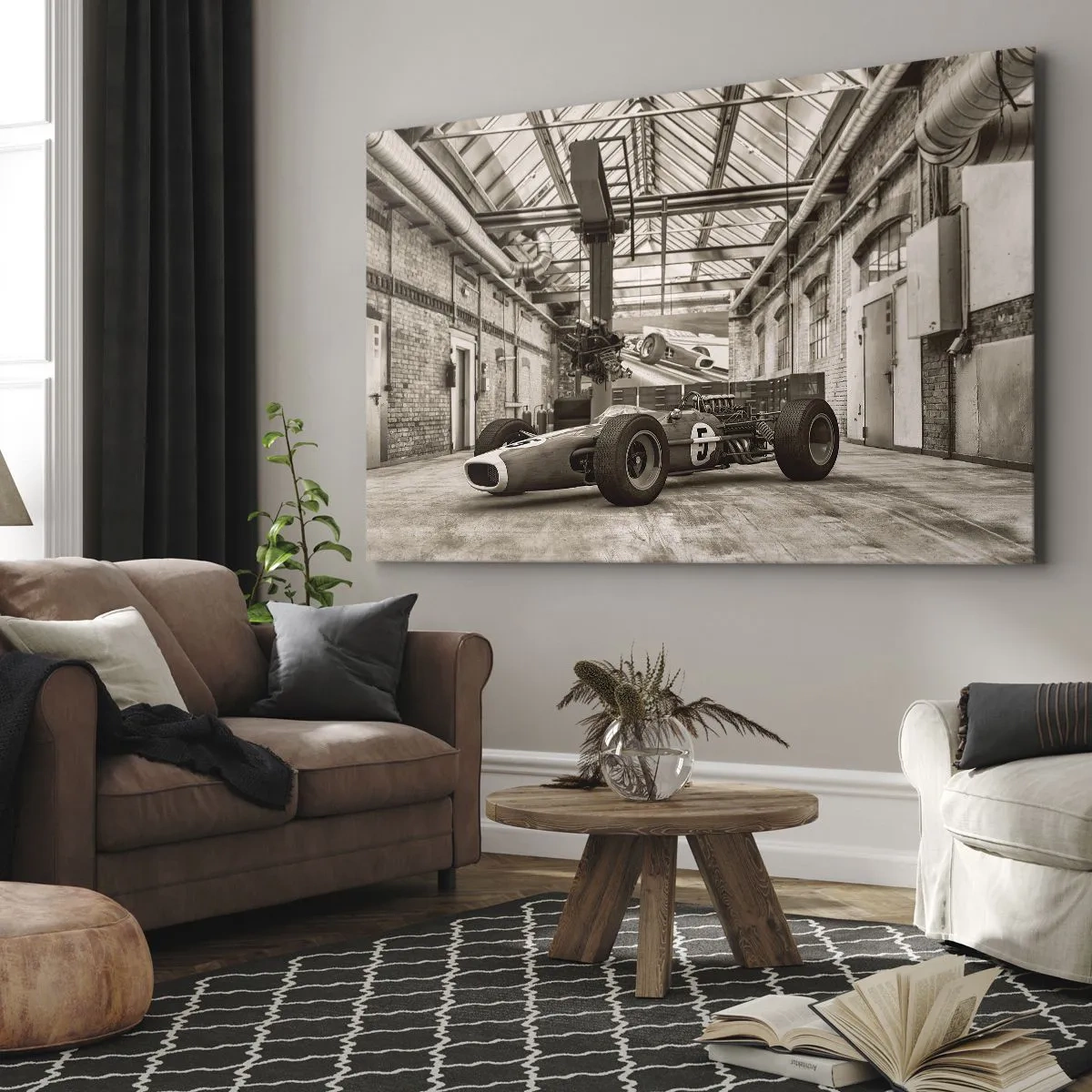 Bild auf Leinwand - Leinwandbild - Schwarz-weißer Rennwagen in einem industriellen Interieur - 100x70cm - Die Siegerruhe - Moderne Wanddekoration für Wohnzimmer und Schlafzimmer ARTTOR