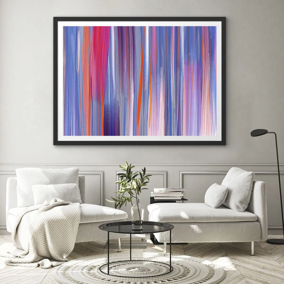 Poster in einem schwarzem Rahmen - Abstrakte vertikale Linien in Blau- und Rosatönen - 70x50cm - Aufstieg zum Regenbogen - Moderne Wanddekoration für Wohnzimmer und Schlafzimmer ARTTOR