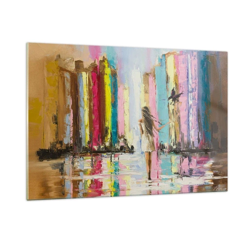 Glasbild - Bild auf glas - Eine Frau mit einem Vogel im Hintergrund bunter Gebäude - 120x80cm - Folge mir - Moderne Wanddekoration für Wohnzimmer und Schlafzimmer ARTTOR