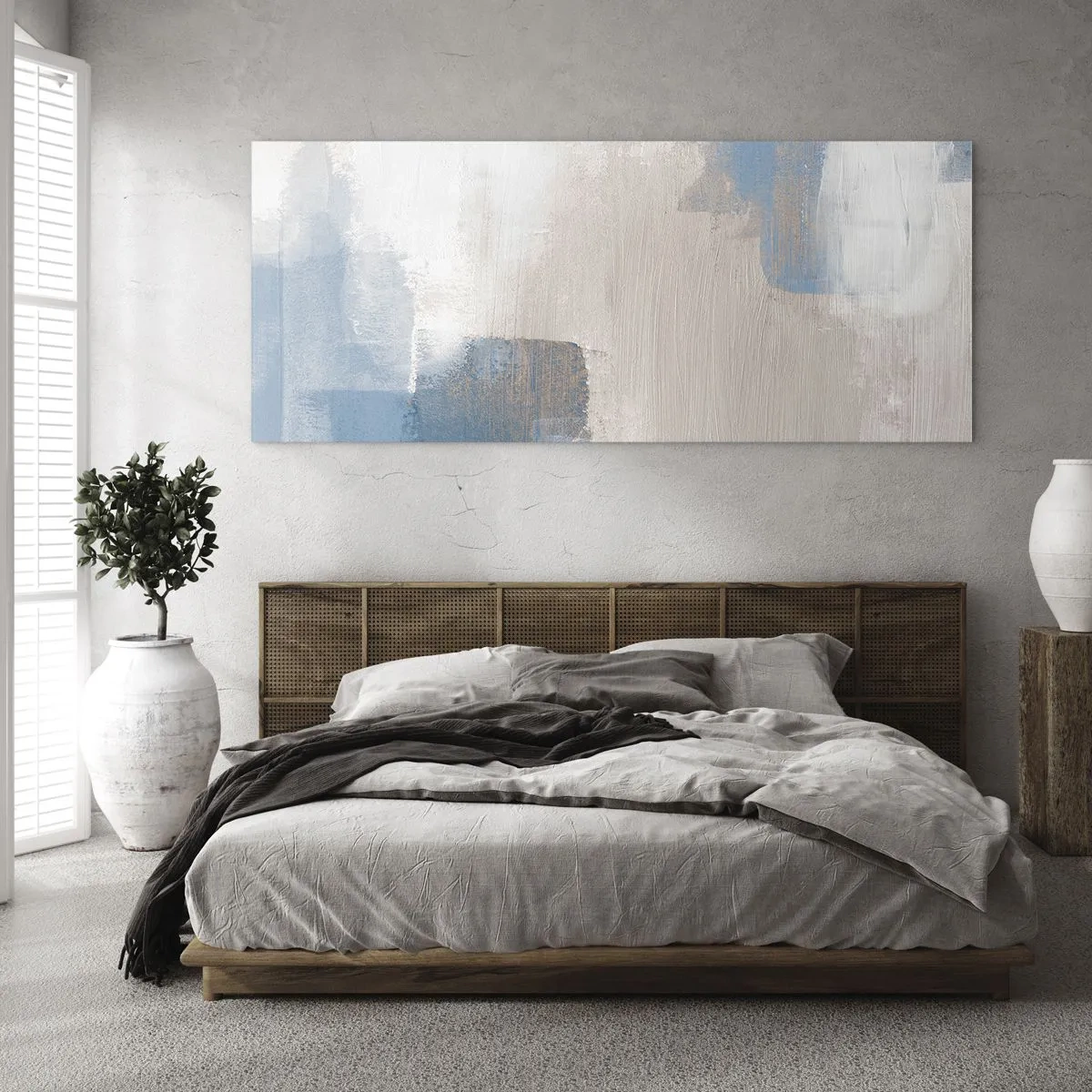 Glasbild - Bild auf glas - Abstrakte Formen in Blau- und Beigetönen - 160x50cm - Rosa Abstraktion hinter einem blauen Vorhang - Moderne Wanddekoration für Wohnzimmer und Schlafzimmer ARTTOR