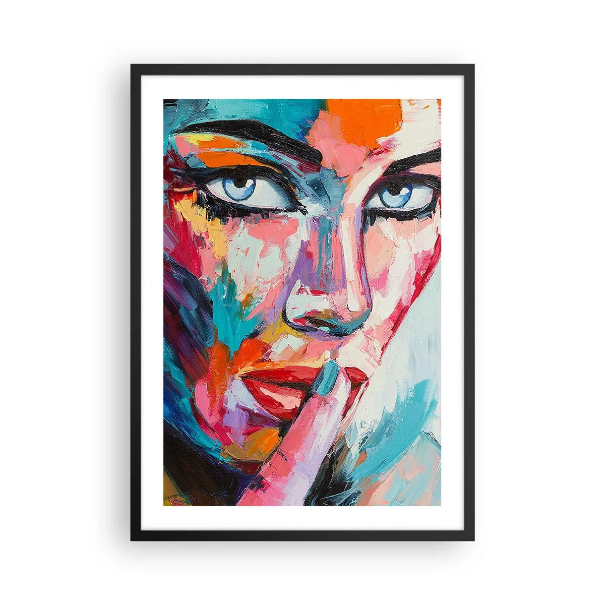 Poster in einem schwarzem Rahmen - Farbenfrohes Frauenporträt im ausdrucksstarken Stil - 50x70cm - Unser erstes Geheimnis - Moderne Wanddekoration für Wohnzimmer und Schlafzimmer ARTTOR