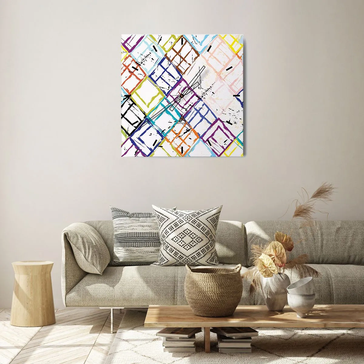 Wanduhr - Glasuhr - Bunte Abstraktion mit geometrischen Formen auf weißem Hintergrund - 30x30cm - Zellen zu vermieten - Moderne Wanddekoration für Wohnzimmer und Schlafzimmer ARTTOR