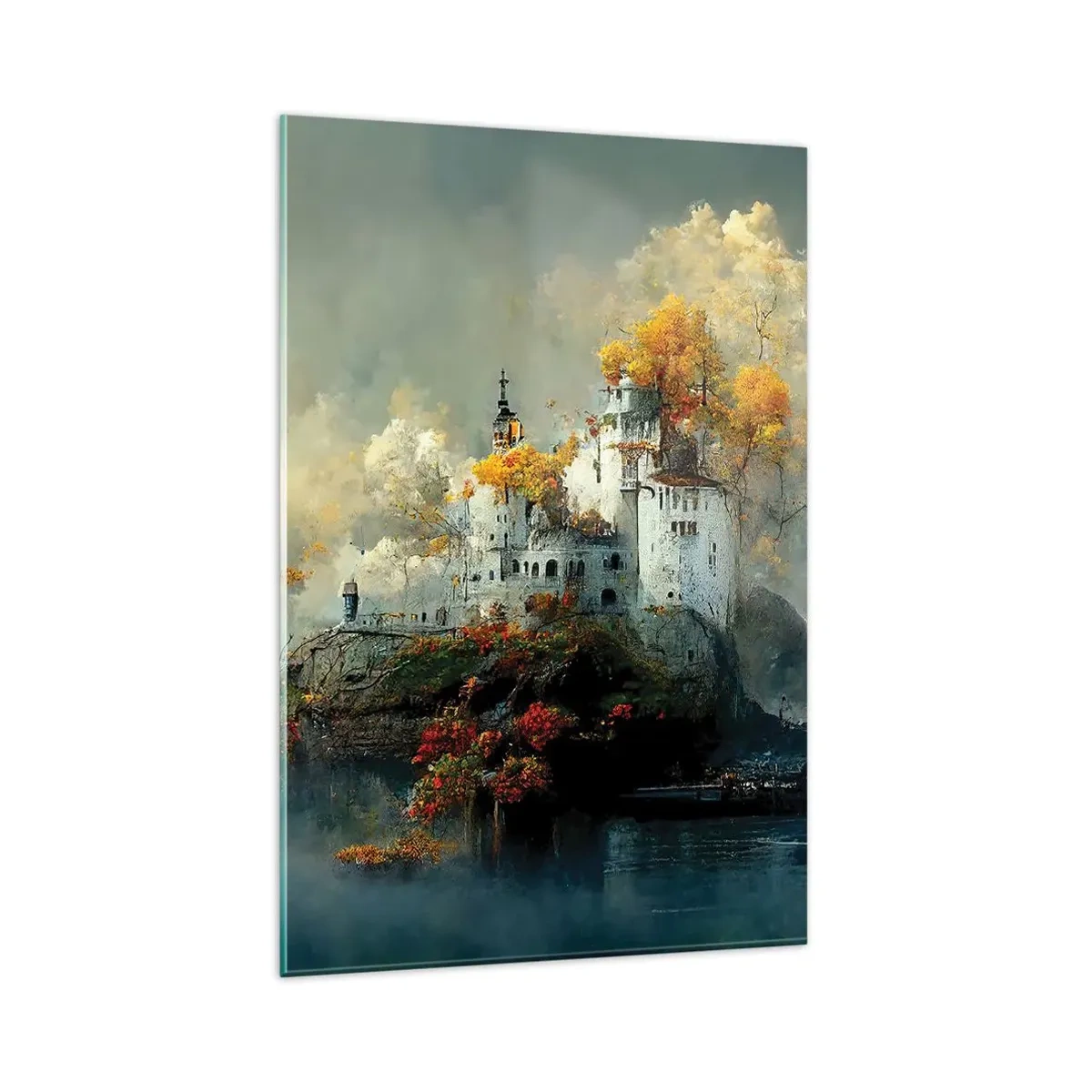 Glasbild - Bild auf glas - Ein Schloss auf einem Hügel, umgeben von herbstlichen Bäumen - 80x120cm - Beginn einer romantischen Geschichte - Moderne Wanddekoration für Wohnzimmer und Schlafzimmer ARTTOR