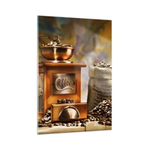 Glasbild - Bild auf glas - Kaffeemühle, Bohnen und eine Tasse auf einem Holztisch - 50x70cm - Das Knirschen der Körner, das Rasseln einer Mühle - Moderne Wanddekoration für Wohnzimmer und Schlafzimmer ARTTOR