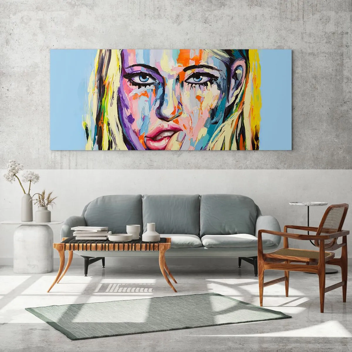 Glasbild - Bild auf glas - Farbenfrohes Porträt einer Frau im abstrakten Stil - 140x50cm - Schau ihr direkt in die Augen - Moderne Wanddekoration für Wohnzimmer und Schlafzimmer ARTTOR