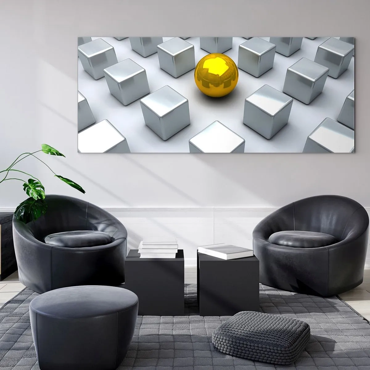Glasbild - Bild auf glas - Eine goldene Kugel, die zwischen den silbernen Würfeln hervorsticht - 140x50cm - Warum ich? Geometrische Zusammensetzung - Moderne Wanddekoration für Wohnzimmer und Schlafzimmer ARTTOR