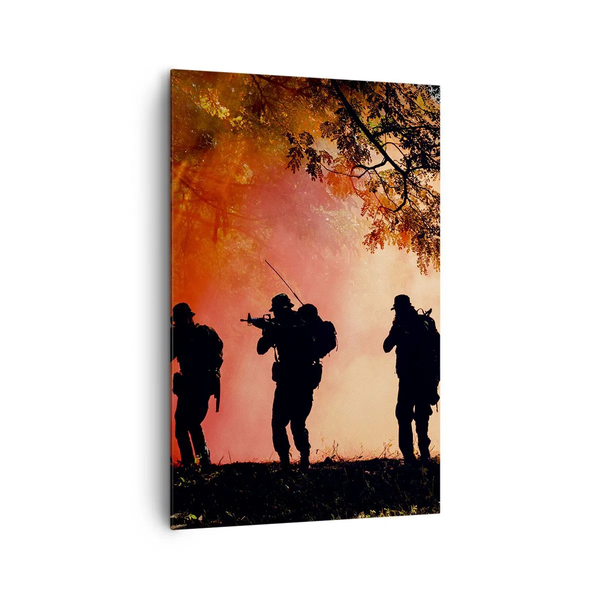 Bild auf Leinwand - Leinwandbild - Silhouetten von Soldaten im Wald vor dem orangefarbenen Himmel - 80x120cm - … Alle für einen. - Moderne Wanddekoration für Wohnzimmer und Schlafzimmer ARTTOR