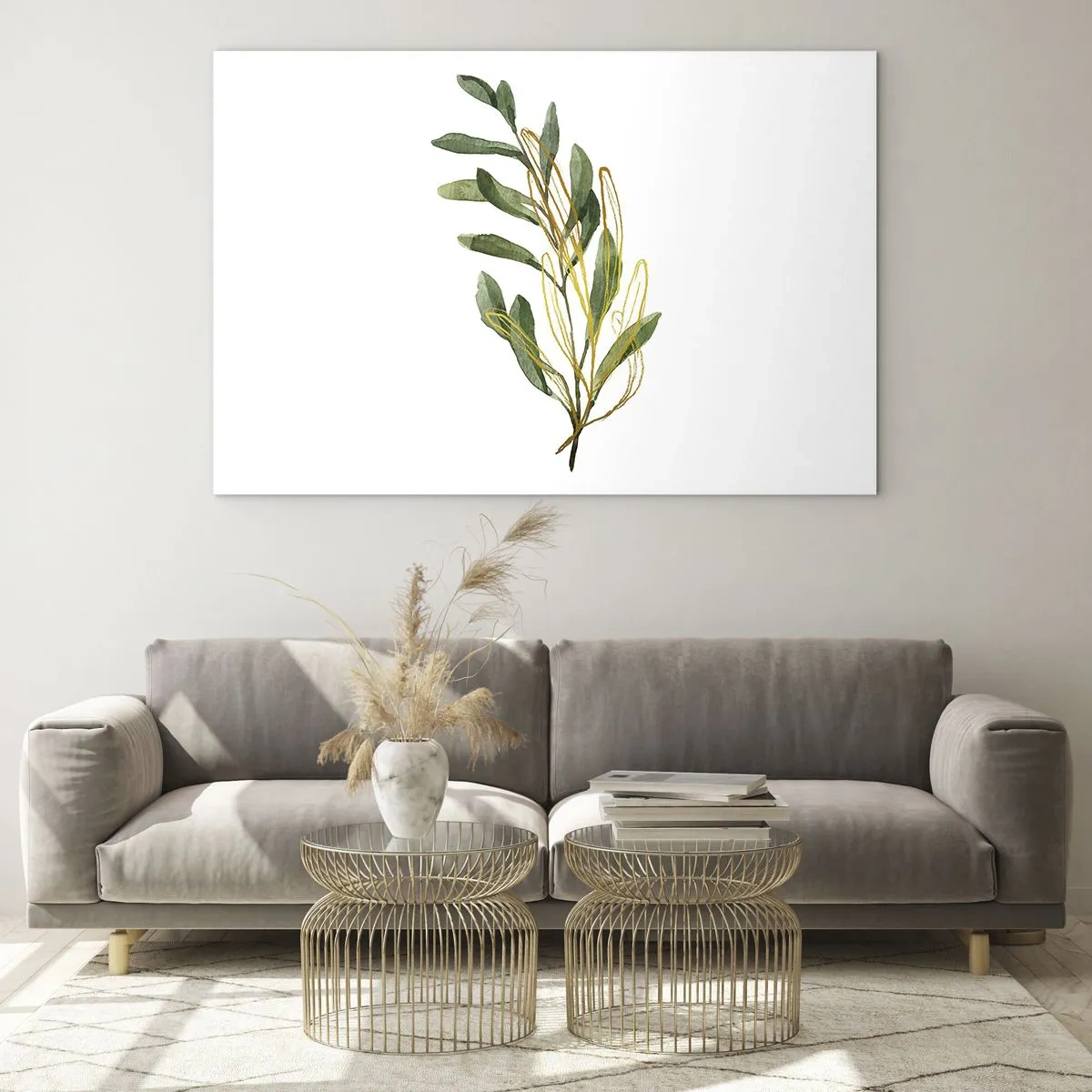 Glasbild - Bild auf glas - Ein grüner Zweig mit einem zarten goldenen Akzent - 120x80cm - Alles was gut ist - Moderne Wanddekoration für Wohnzimmer und Schlafzimmer ARTTOR