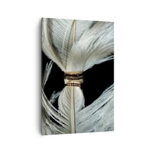 Bild auf Leinwand - Leinwandbild - Eine weiße Feder mit zwei goldenen Ringen auf schwarzem Hintergrund - 70x100cm - ... und ich werde dich nicht verlassen ... - Moderne Wanddekoration für Wohnzimmer und Schlafzimmer ARTTOR