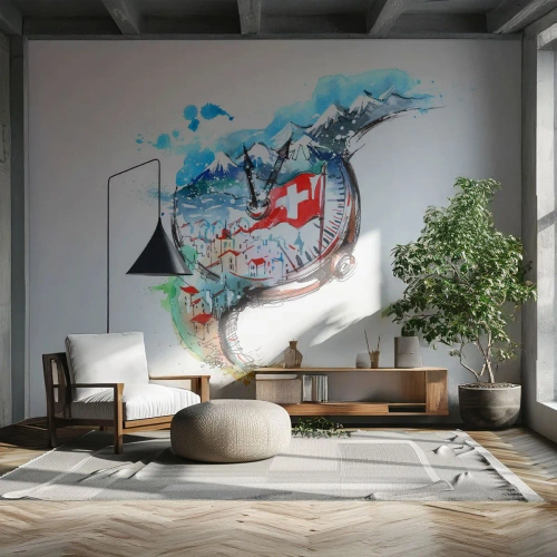 Fototapete Standard Eco - Der Geist der Schweiz - Abstraktion, Schweizer Uhr, Alpen - 200x140 cm