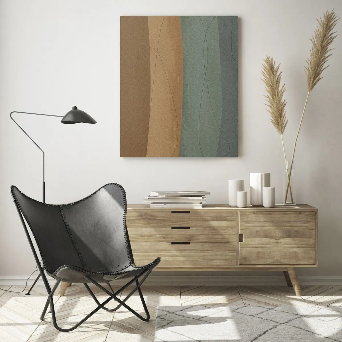 Glasbild - Bild auf glas - Abstrakte Streifen in Erdtönen - 50x70cm - Horizontale Komposition - Moderne Wanddekoration für Wohnzimmer und Schlafzimmer ARTTOR