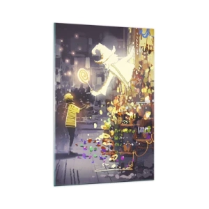 Glasbild - Bild auf glas - Eine Märchenfigur und ein Kind auf einer Straße voller Lichter und Magie - 70x100cm - Magie ist da - Moderne Wanddekoration für Wohnzimmer und Schlafzimmer ARTTOR