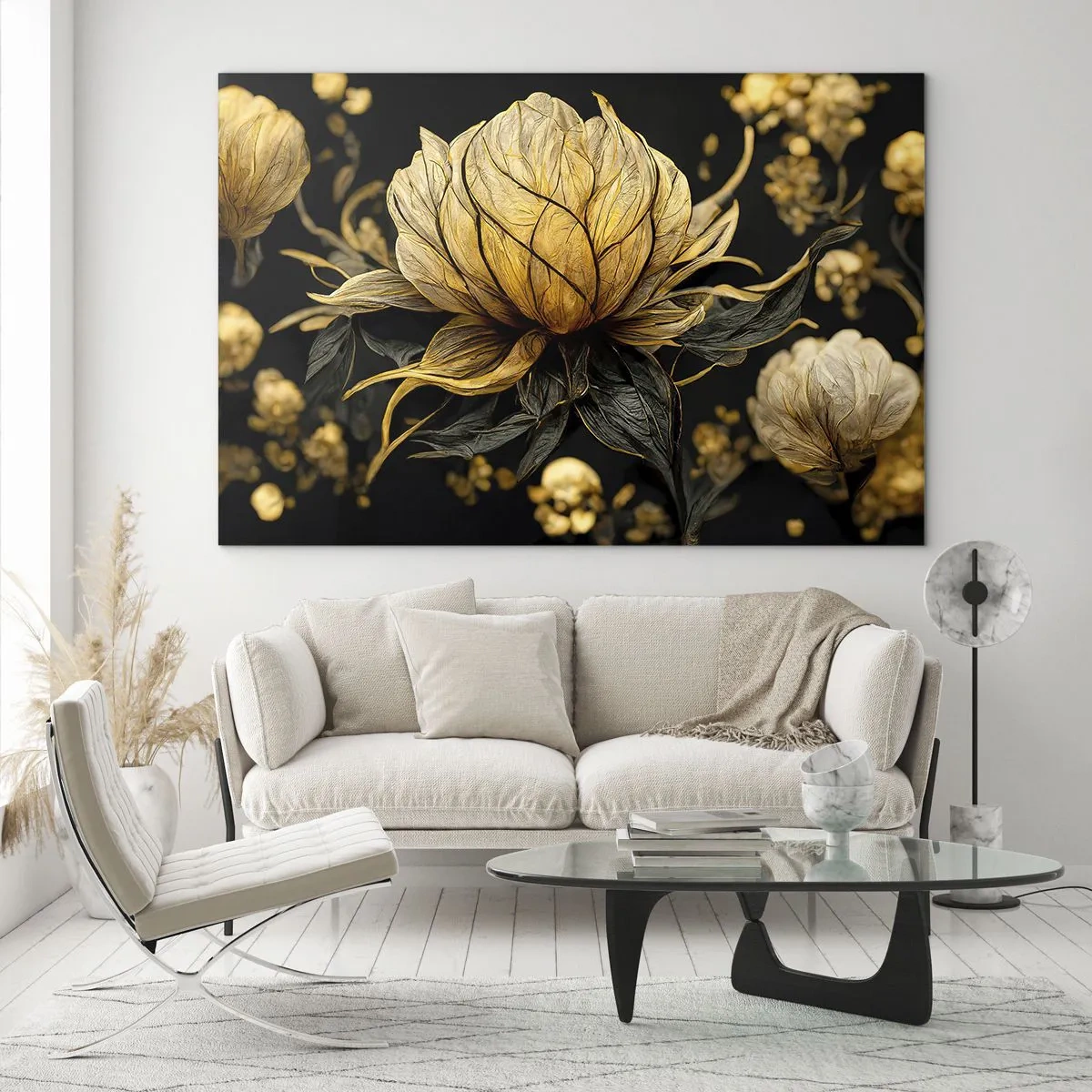 Glasbild - Bild auf glas - Goldene Blumen auf schwarzem Hintergrund in einer eleganten Komposition - 70x50cm - Subtile Zerbrechlichkeit - Moderne Wanddekoration für Wohnzimmer und Schlafzimmer ARTTOR