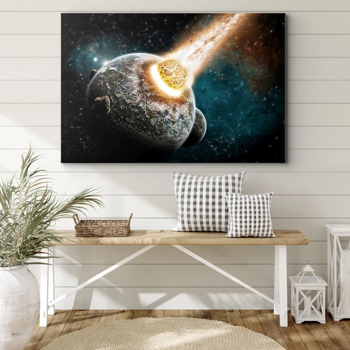 Bild auf Leinwand - Leinwandbild - Kosmische Kollision eines Planeten mit einem Asteroiden in der Nähe der Galaxie. - 70x50cm - Holocaust oder Geburt? - Moderne Wanddekoration für Wohnzimmer und Schlafzimmer ARTTOR