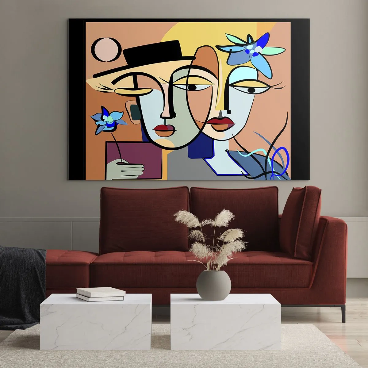 Glasbild - Bild auf glas - Bunte Gesichter im kubistischen Stil mit Blumen - 70x50cm - Picassos randez vous - Moderne Wanddekoration für Wohnzimmer und Schlafzimmer ARTTOR
