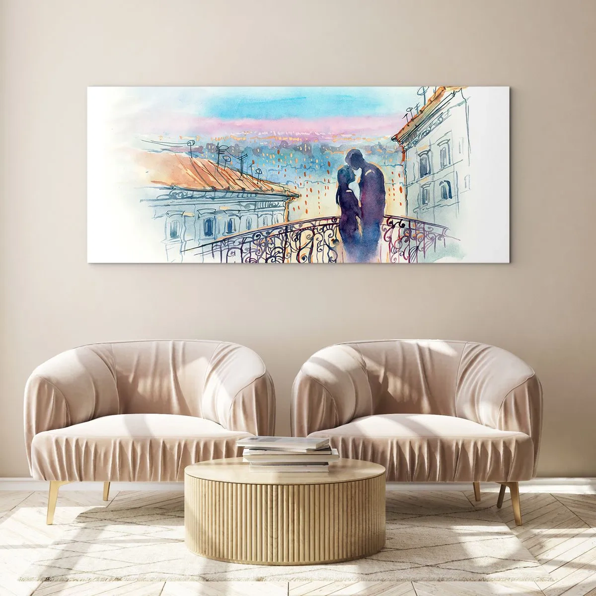 Glasbild - Bild auf glas - Romantisches Paar auf einem Balkon mit Blick auf die Stadt - 120x50cm - Paris-Liebhaber - Moderne Wanddekoration für Wohnzimmer und Schlafzimmer ARTTOR