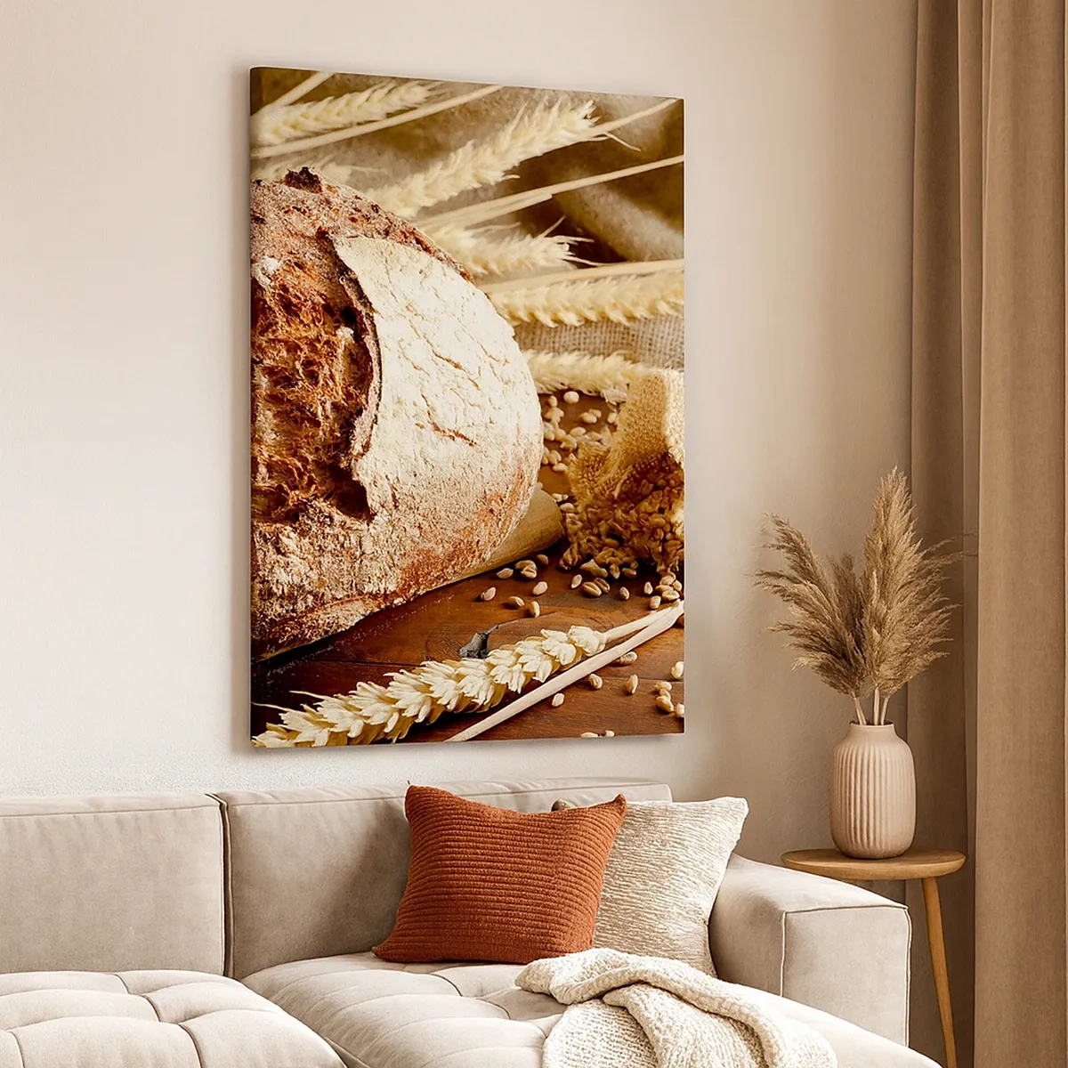 Bild auf Leinwand - Leinwandbild - Knuspriges Brot mit Körnern und Weizenähren auf Holzhintergrund - 50x70cm - Appetitanregend, duftend, knackig - Moderne Wanddekoration für Wohnzimmer und Schlafzimmer ARTTOR