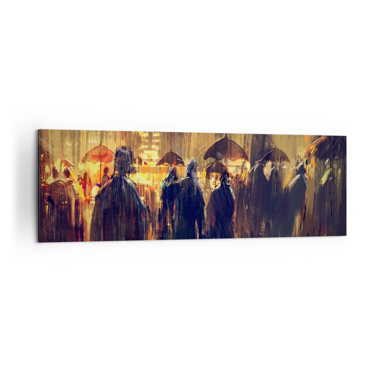 Bild auf Leinwand - Leinwandbild - Figuren mit Regenschirmen in einer verregneten Stadt bei Nacht - 160x50cm - Anhänger des Regens - Moderne Wanddekoration für Wohnzimmer und Schlafzimmer ARTTOR
