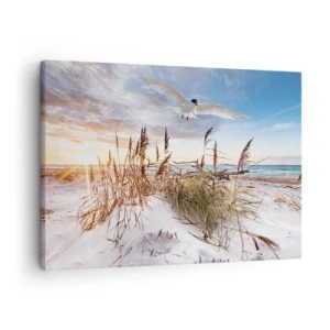 Bild auf Leinwand - Leinwandbild - Strand mit fliegenden Möwen bei Sonnenuntergang - 70x50cm - Wind vom Meer - Moderne Wanddekoration für Wohnzimmer und Schlafzimmer ARTTOR