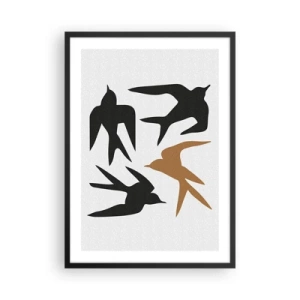 Poster in einem schwarzem Rahmen - Stilisierte Silhouetten von Schwalben auf hellem Hintergrund - 50x70cm - Schwalbenspaß - Moderne Wanddekoration für Wohnzimmer und Schlafzimmer ARTTOR