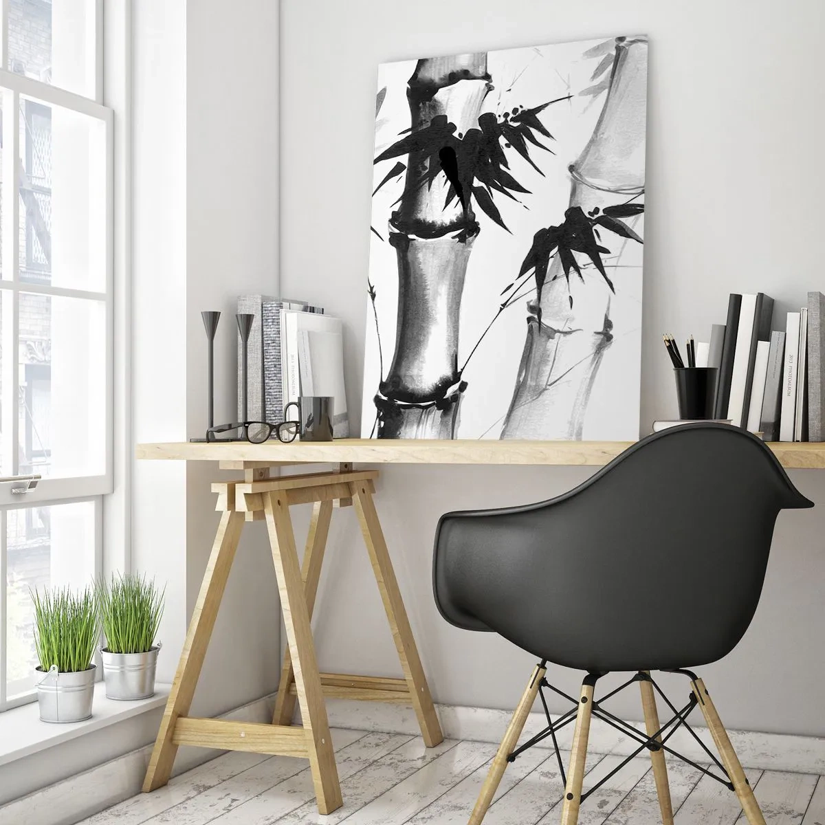 Glasbild - Bild auf glas - Aquarell-Bambus im japanischen Stil auf weißem Hintergrund - 80x120cm - Dem Orient ganz nah - Moderne Wanddekoration für Wohnzimmer und Schlafzimmer ARTTOR