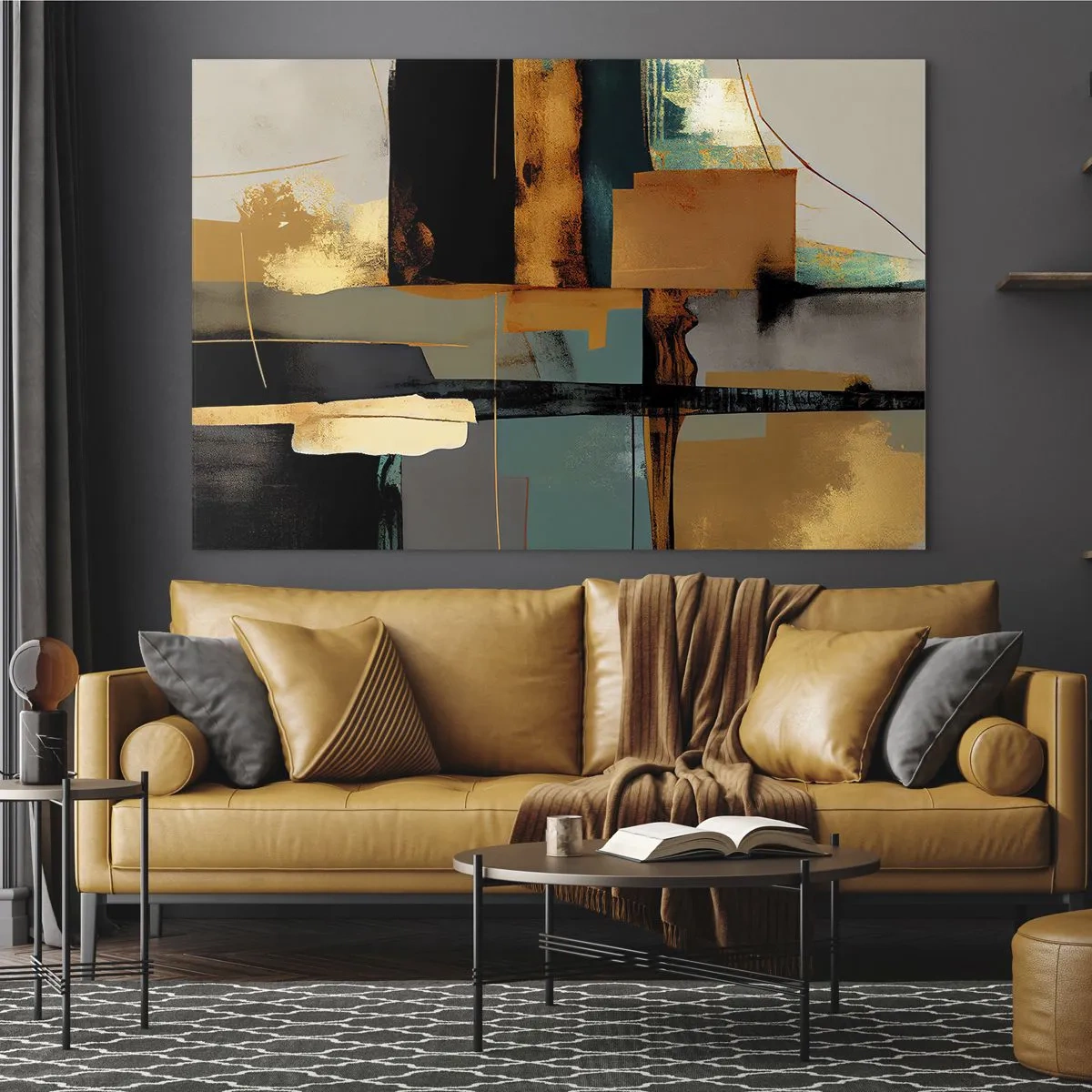 Glasbild - Bild auf glas - Moderne Abstraktion mit kontrastierendem Gold, Schwarz und Türkis - 100x70cm - Abstraktion – Licht und Schatten - Moderne Wanddekoration für Wohnzimmer und Schlafzimmer ARTTOR