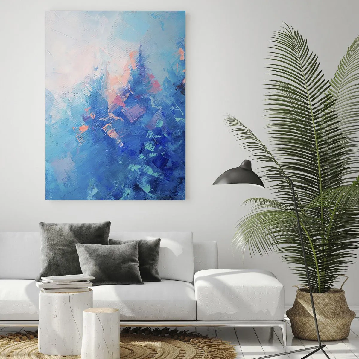 Glasbild - Bild auf glas - Abstrakte Winterlandschaft mit kühlen Blau- und zarten Rosatönen - 50x70cm - Winter-Abstraktion - Moderne Wanddekoration für Wohnzimmer und Schlafzimmer ARTTOR